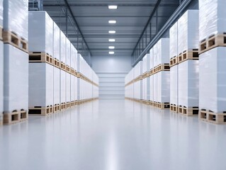 Obraz premium A modern warehouse interior with neatly stacked pallets, showcasing organized and efficient storage space.