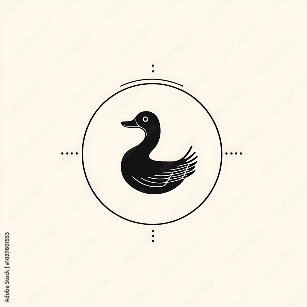 Poster simple black silhouette of a duck inside a circle with dots around it, on a white background.