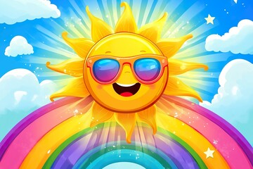 Cheerful Sun with Sunglasses Shining on a Happy Rainbow Cartoon Style