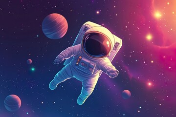 Cute Astronaut Floating in Space with Stars and Planets - Cartoon Illustration
