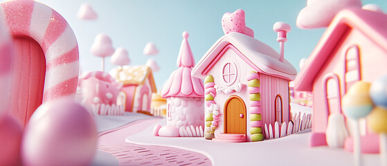 Adorable Pink Candy House Village Illustration  3D Rendered