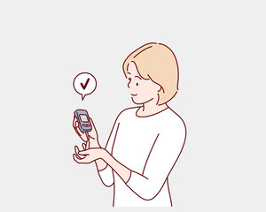 woman using lancet on finger for checking blood sugar level by Glucose meter, Healthcare and Medical, diabetes, glycemia concept. Hand drawn style vector design illustrations.