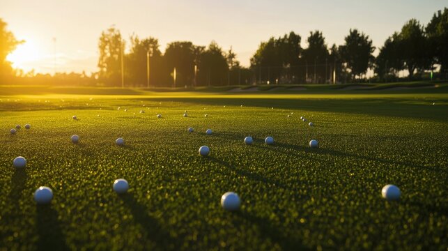 An expansive golf driving range at golden hour, Golf balls scattered across a lush driving range, Golden hour elegance style