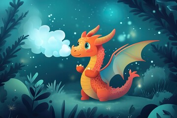 Obraz premium Adorable Cartoon Dragon Blowing Smoke for Fantasy Illustrations or Children's Stories