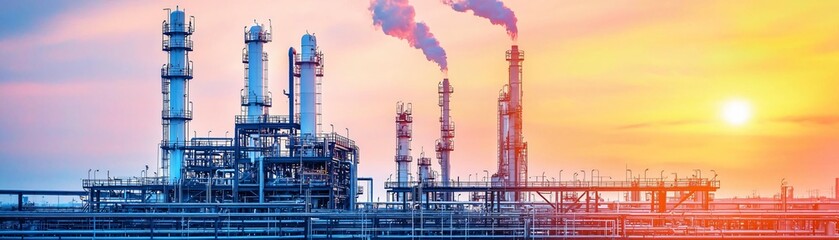 Fototapeta premium A stunning sunset view of an industrial plant with smokestacks, showcasing the beauty and complexity of modern industry.