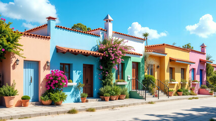 A Picturesque Row of Colorful Houses Surrounded by Blooming Flowers Beneath a Beautiful Sky