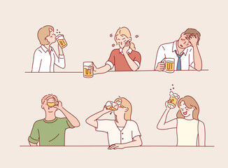 People are having a beer. Drunk People Characters with beer. Hand drawn style vector design illustrations.