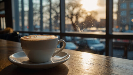 Obraz premium A cup of latte with intricate foam art, sitting on a café table by a large window with cozy lighting.