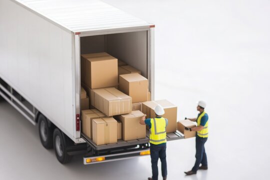 Two workers unloading packages from a delivery truck, showcasing teamwork and efficient logistics in a warehouse setting.