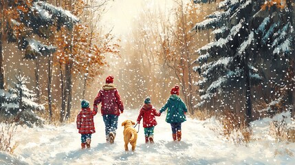 Family walking in snow with dog in winter forest