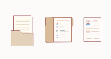 Set of vector office tools icons, elements for flat design - folder for papers, resume, documents. Hand drawn style vector design illustrations.