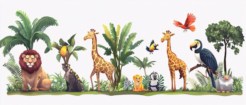 Colorful Jungle Animal Illustration with Giraffe, Lion, and Parrot, and Parr