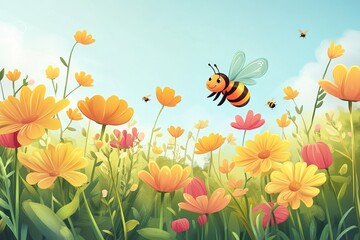 Fototapeta premium A Cheerful Bee Buzzing Around Vibrant Flowers in a Delightful Cartoon Garden