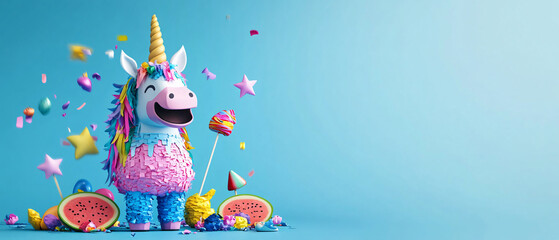 Colorful Unicorn Piñata Party Decoration on Blue Background