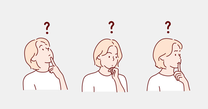 Thoughtful woman making curious face expression isolated on white background. Concept of question, curiosity, wonder, thinking, feeling doubt. Confuse woman. Flat vector illustration character.
