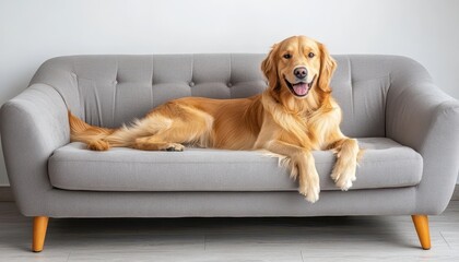 Golden retriever relaxing on a gray couch in a cozy living room setting