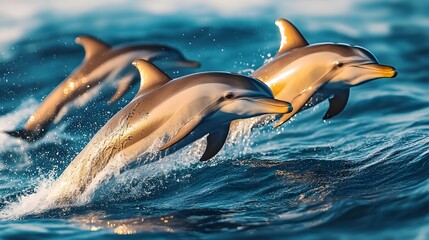Obraz premium Close-up view of colorful dolphins swimming in sync beneath clear blue waters, their playful movements captured in stunning clarity, Photorealistic, Bright Tones, Dynamic Composition