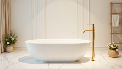 Relaxation Haven: A Luxurious Large White Bathtub Nestled in an Elegant Bathroom's Serene Atmosphere Made for Self-Care