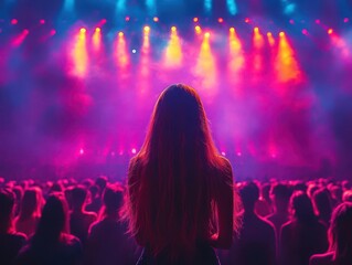 Fototapeta premium crowd of concert-goers illuminated under vibrant stage lights, capturing the energy and excitement of a live music event, with a dynamic and colorful atmosphere