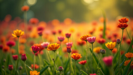 Fototapeta premium A vibrant array of colorful flowers blossoms beautifully in a garden, showcasing the stunning beauty of nature and biodiversity.