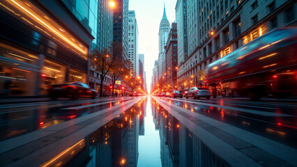 A Surreal and Distorted Representation of a Vibrant City Street Invoking Imagination