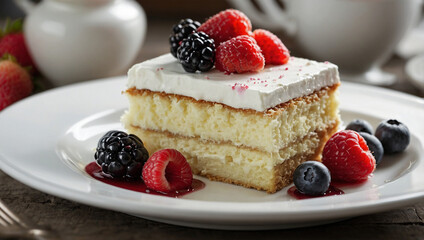 Slice of vanilla cake topped with whipped cream and fresh berries, placed on a white plate with soft lighting.