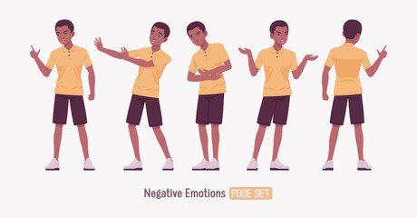 Handsome unhappy dark skin man wearing classic polo shirt set, leaning pose. Confident relaxed guy in traditional modern appearance and casual look for sports, business occasion. Vector illustration