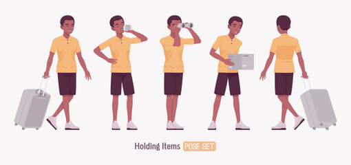 Dark skin man wearing classic polo shirt set, different items holding pose. Confident relaxed guy in traditional modern appearance and casual look for sports, business occasion. Vector illustration