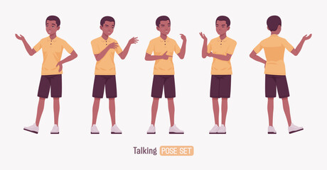 Handsome dark skin young man wearing classic polo shirt set, speaking pose. Confident relaxed guy in traditional modern appearance and casual look for sports, business occasion. Vector illustration