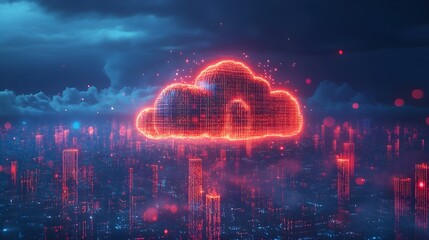 Advanced cloud network across global cities, digital data flowing seamlessly through the skyline, dark background, emphasizing secure global connectivity