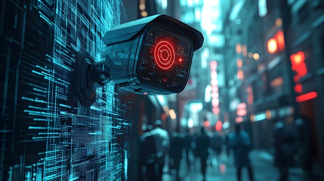 Futuristic surveillance camera hovering with holographic interfaces, digital lines tracing movement of people below, sci-fi, glowing neon accents, dark setting