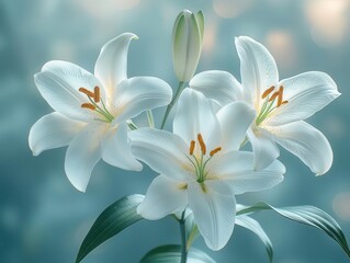Fototapeta premium delicate branch of white lilies, symbolizing mourning and remembrance, set against a soft background, providing an elegant and respectful space for condolence messages and personal reflections