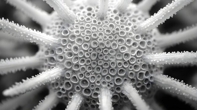 Detailed black and white close-up of sea urchin shell texture, focusing on the natural spikes and ridges with high contrast, ideal for scientific and creative use