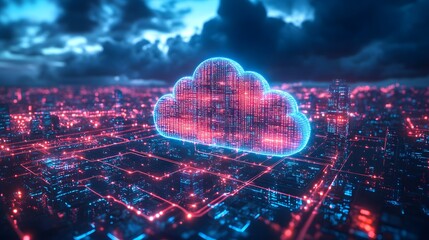 Digital cityscape skyline with cloud servers hovering above, data transfer visualized as light streaks, high-tech holographic interface, wide angle, metallic neon colors