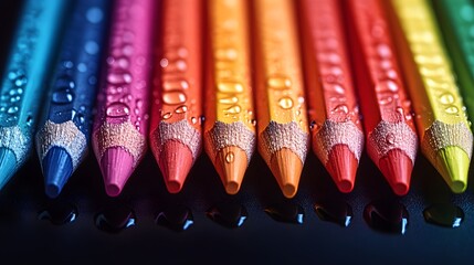 Obraz premium Detailed view of vibrant color pencils in rainbow order, water droplets adding texture, placed against a shadowy background for art creativity