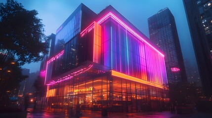 Obraz premium Modern building facade glowing at dusk, vibrant neon lights, sleek glass exterior, cyberpunk style, deep blue sky backdrop, illuminated windows reflecting urban lights