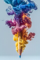 A floating pencil with an abstract  colourful smoke
