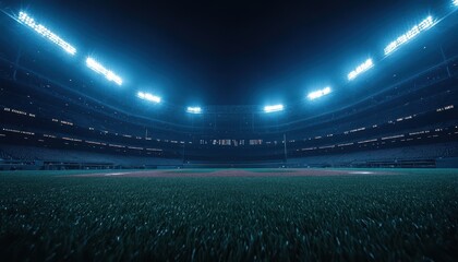 A night baseball field illuminated by bright stadium lights before the game