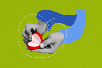 Composite trend artwork 3D sketch image photo collage of two huge hands finger hold open box ring gift marriage present proposal surprise