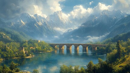 Fototapeta premium A serene landscape featuring a majestic bridge over a tranquil lake, surrounded by mountains.