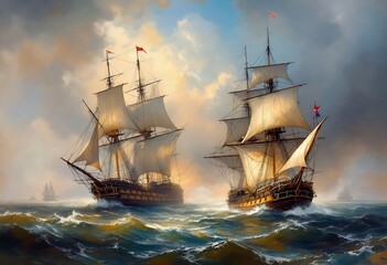 Obraz premium Sea paintings landscape. Old sailing ships. Naval ships fighting, tall masted sailing ships on the ocean battle, vintage style. Fine art 