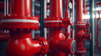 Close-up view of industrial red valves and pipes in a modern facility, showcasing intricate designs and connections.