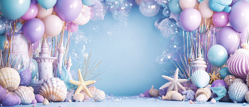 Magical Mermaid Birthday Party Decorations with Balloons and Seashells, Magical Mermaid Birthday Party Decorations with Balloons and Sea
