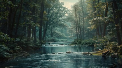 Obraz premium A peaceful river flowing through a dense forest.