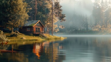 Fototapeta premium a peaceful lakeside cabin, perfect for a relaxing getaway.