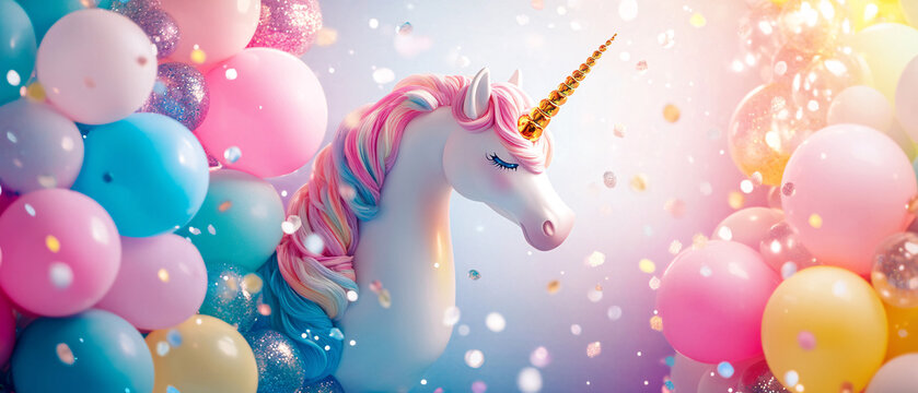 Magical Unicorn with Balloons and Confetti for Birthday Party Decoration, Magical Unicorn with Balloons and Confetti for Birthday Party De