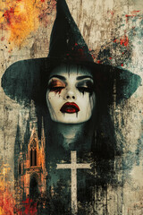 Contemporary art collage of halloween witch face with cross and church over orange grunge background, Illustration poster, Eclectic style, Halloween mystery concept