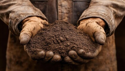 Farmer holding a clump of rich soil with both hands in a rustic environment