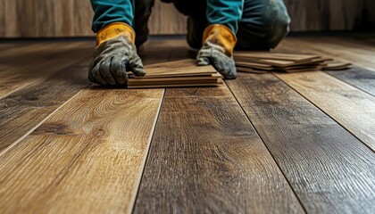 A person installing wooden flooring in a home renovation project indoors