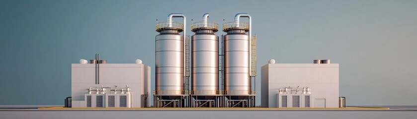 Industrial storage facility with three large silos, showcasing modern architecture and clear blue sky.